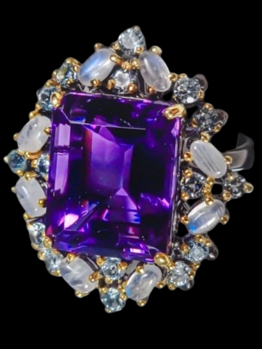 Big Majestic Genuine Amethyst & Moonstone Ring